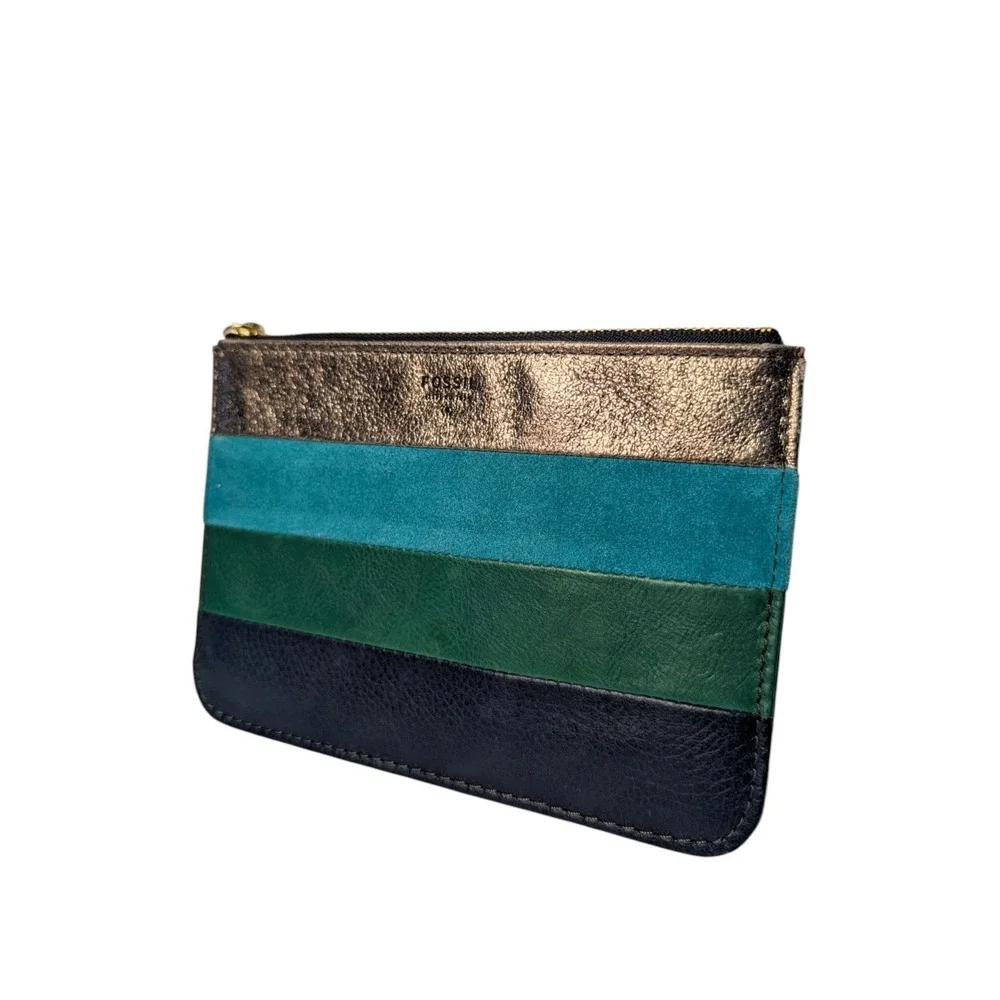 Fossil Striped Mixed‎ Leather Zip Pouch Clutch Navy Teal Green Metallic
